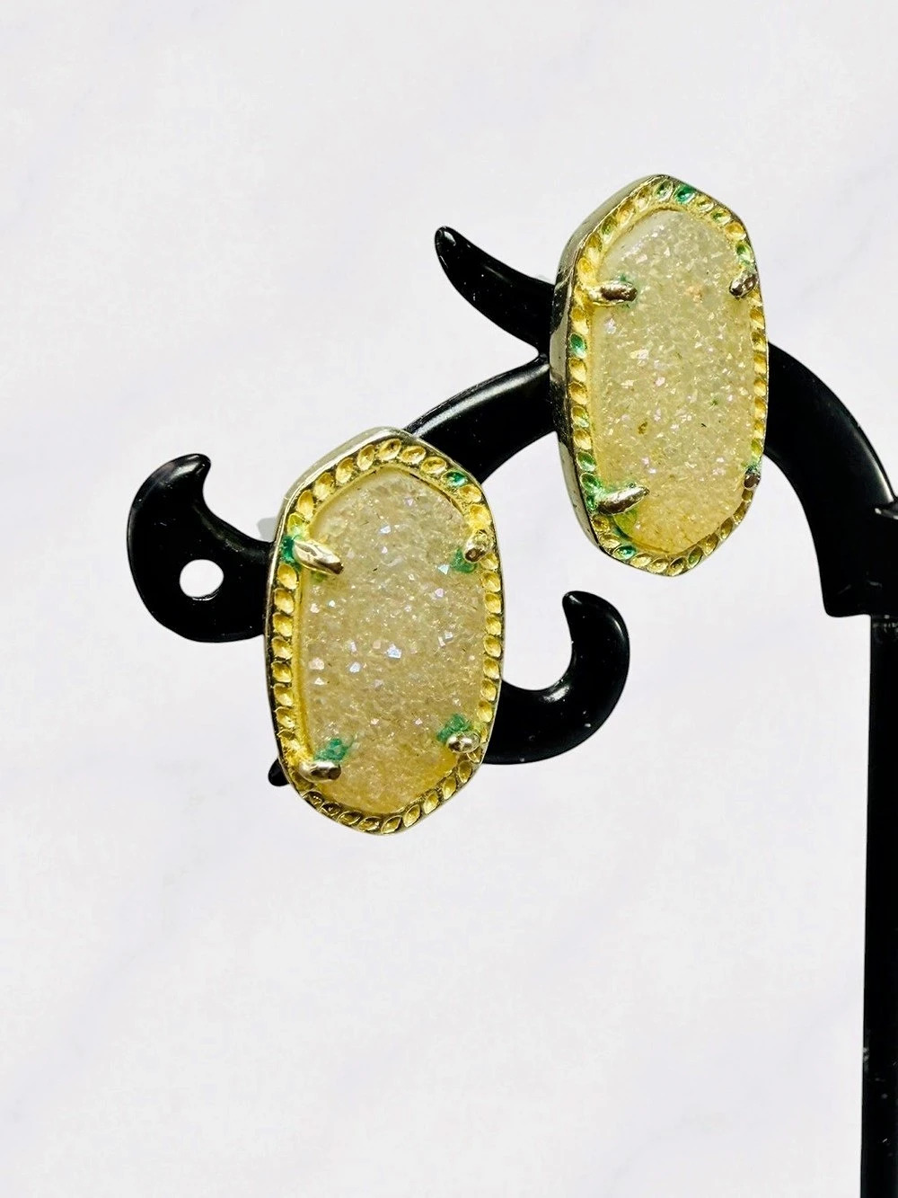 Kendra Scott Elisa Stud Earrings Gold Tone Iridescent Drusy Quartz Oval Stone